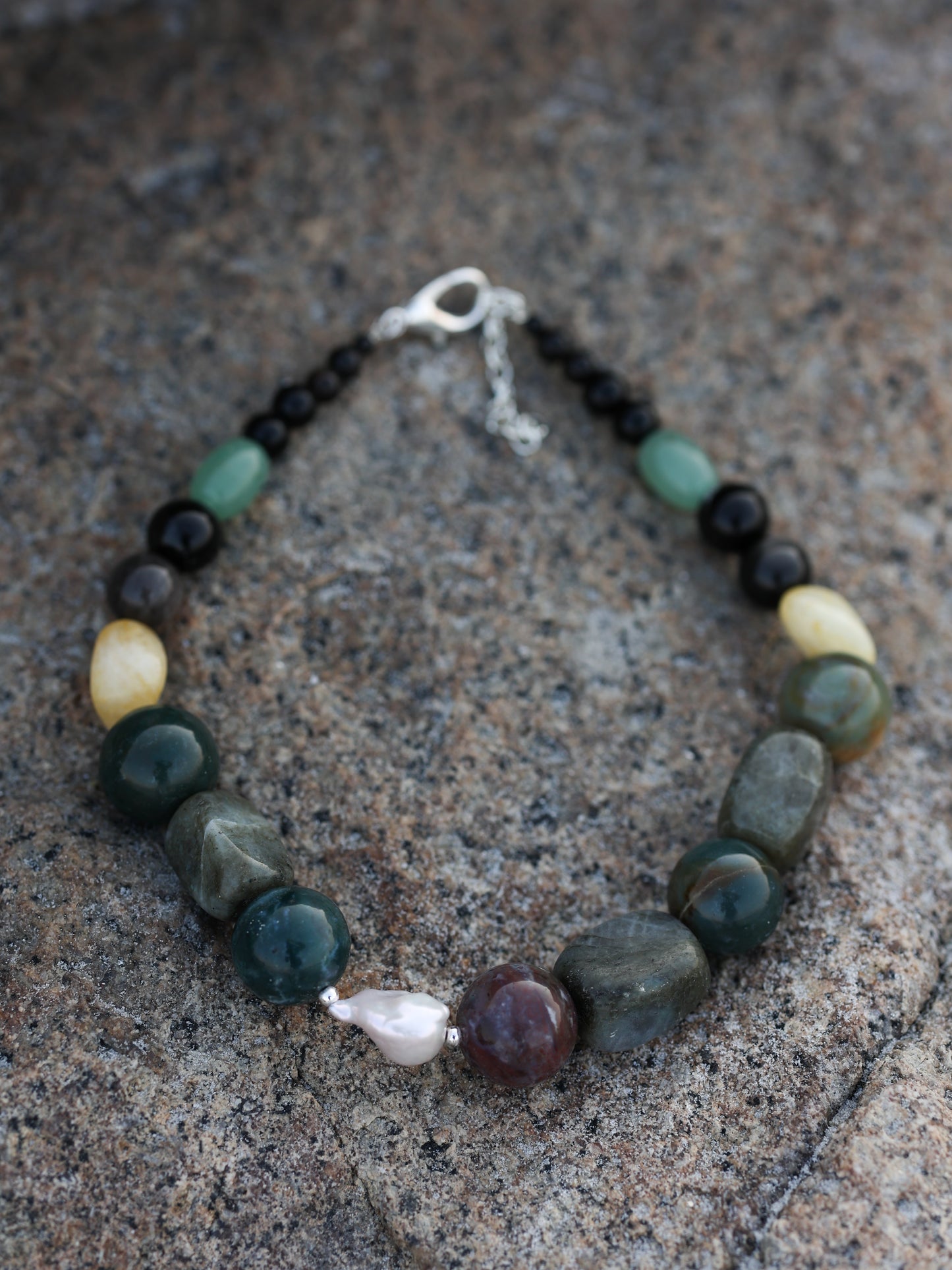 Statement Necklace: Indian Agate, Labradorite, Citrine, Black Obsidian, Green Aventurine, Baroque Pearl