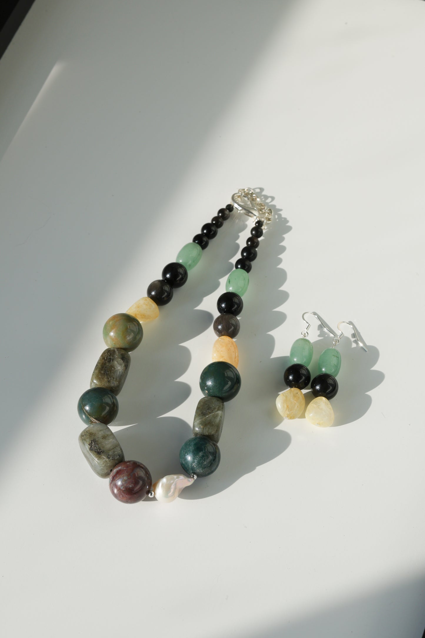 Statement Necklace: Indian Agate, Labradorite, Citrine, Black Obsidian, Green Aventurine, Baroque Pearl