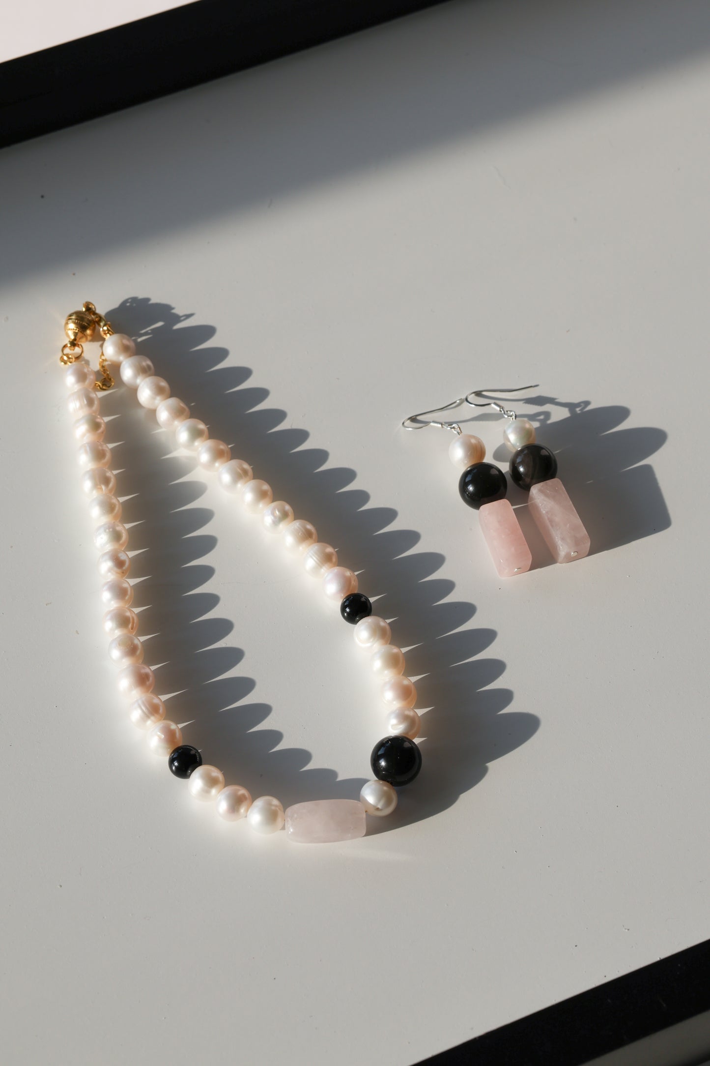 Soft Armer Earring: Rose Quartz, Black Obsidian, Pearl