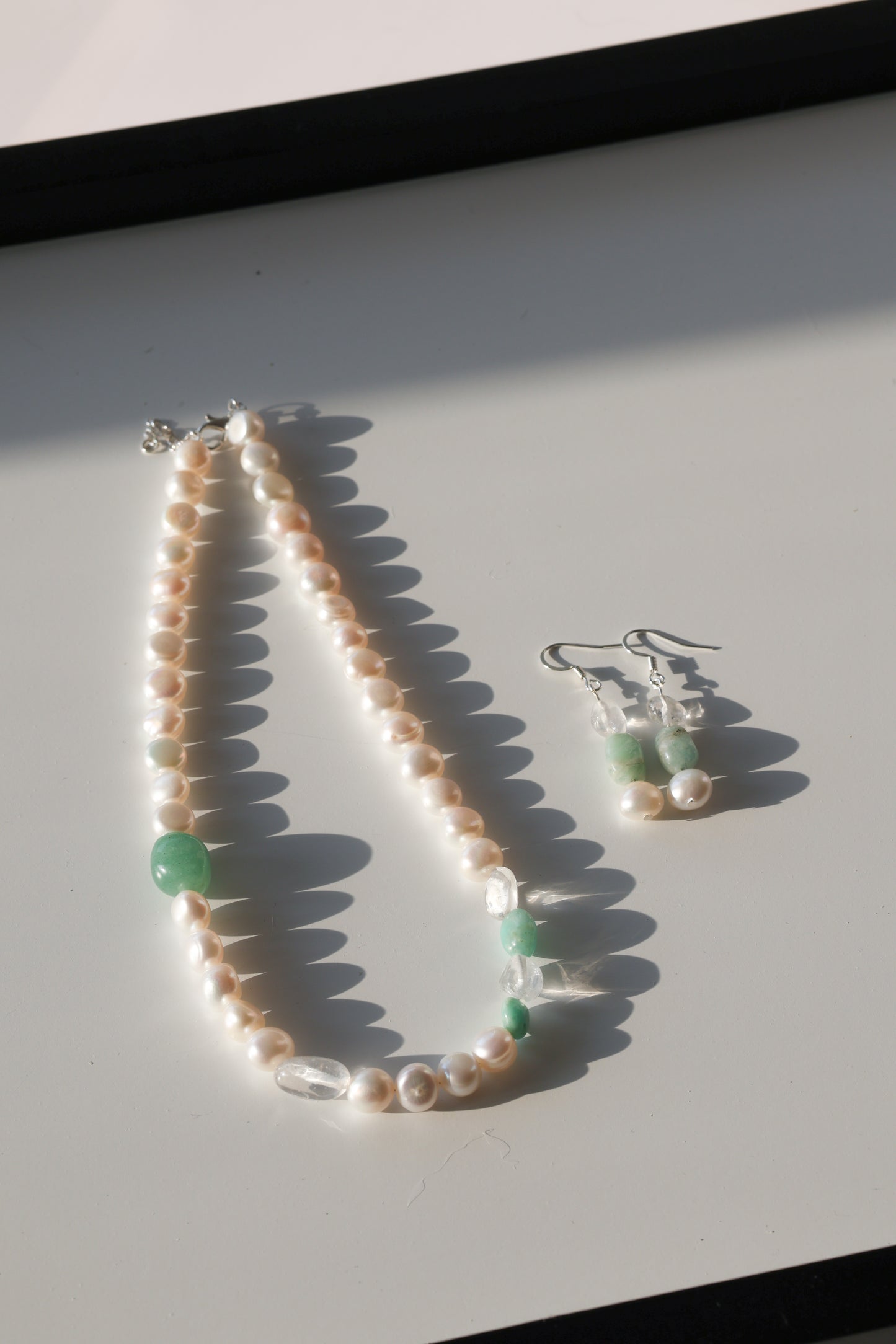 Earring: Amazonite, Clear Quartz, Pearl