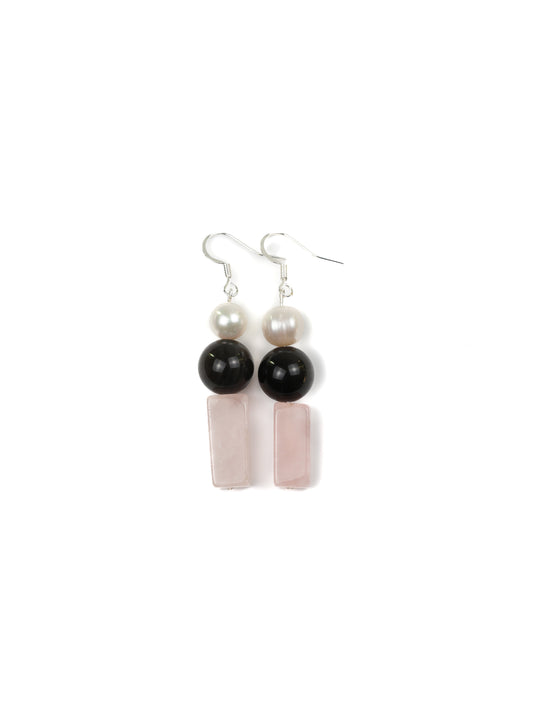 Soft Armer Earring: Rose Quartz, Black Obsidian, Pearl