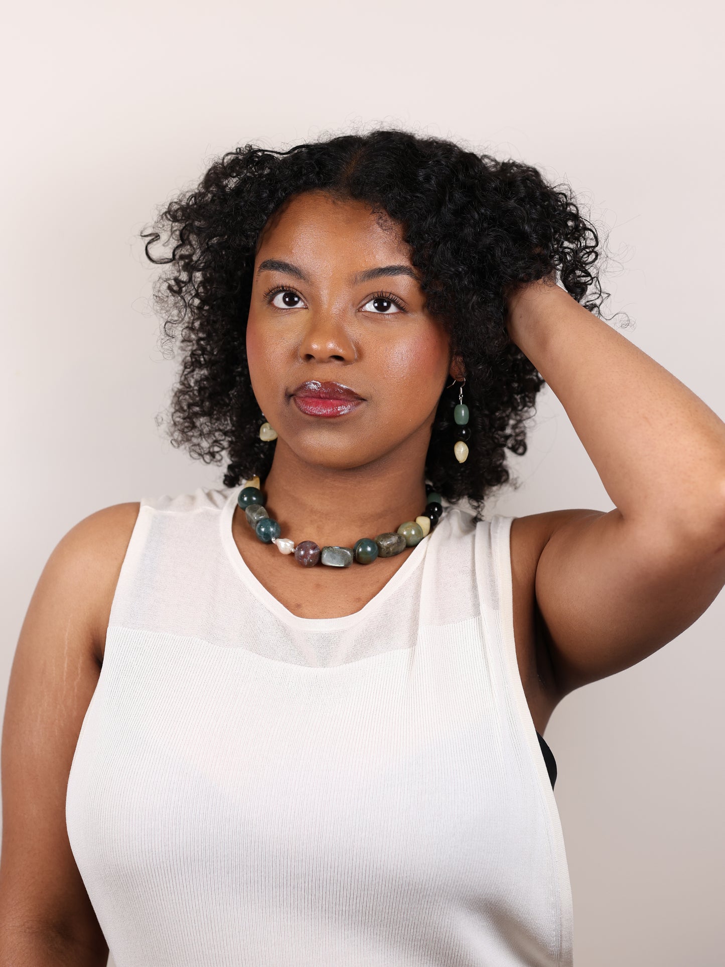 Statement Necklace: Indian Agate, Labradorite, Citrine, Black Obsidian, Green Aventurine, Baroque Pearl