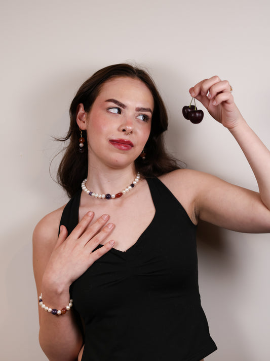 Step Forward Earring: Amethyst, Red Agate, Pearl