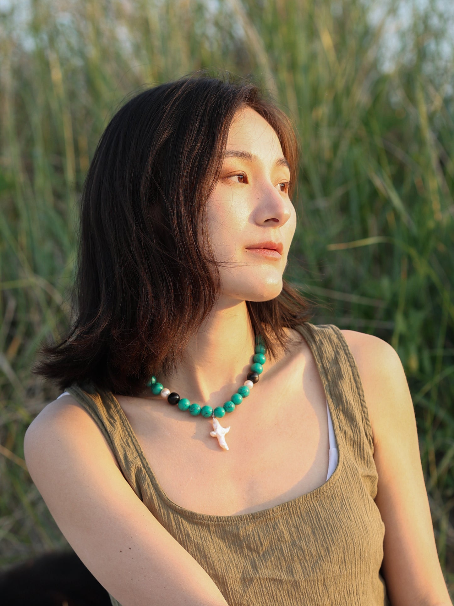 Necklace: Turquoise, Black Obsidian, Pearl