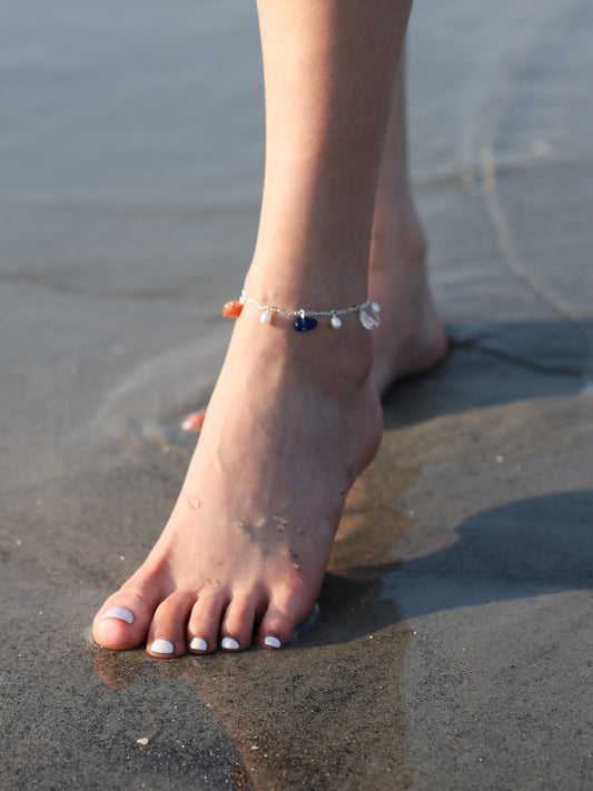 Anklet: Kyanite, Sun Stone, Clear Quartz, Pearl
