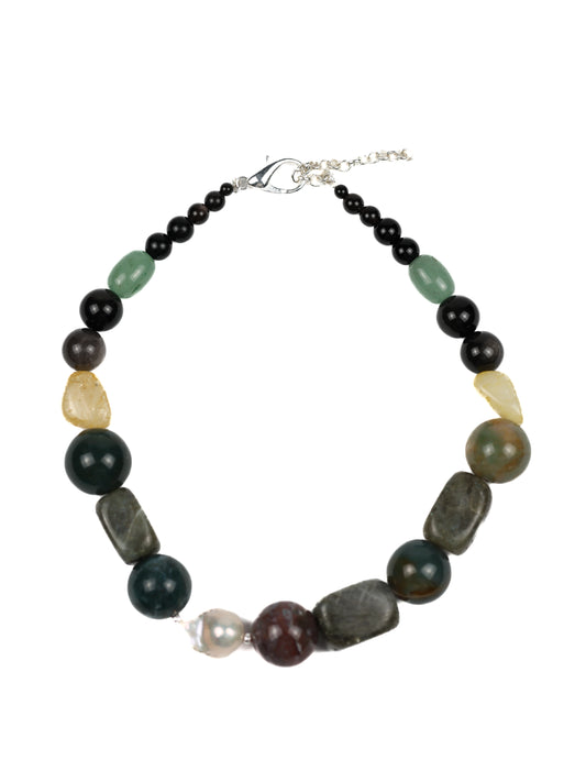 Statement Necklace: Indian Agate, Labradorite, Citrine, Black Obsidian, Green Aventurine, Baroque Pearl