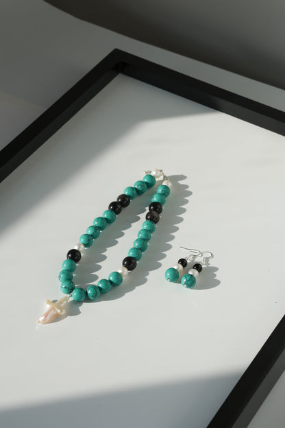 Earring: Turquoise, Black Obsidian, Pearl
