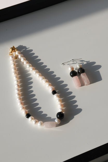 Soft Armer Earring: Rose Quartz, Black Obsidian, Pearl