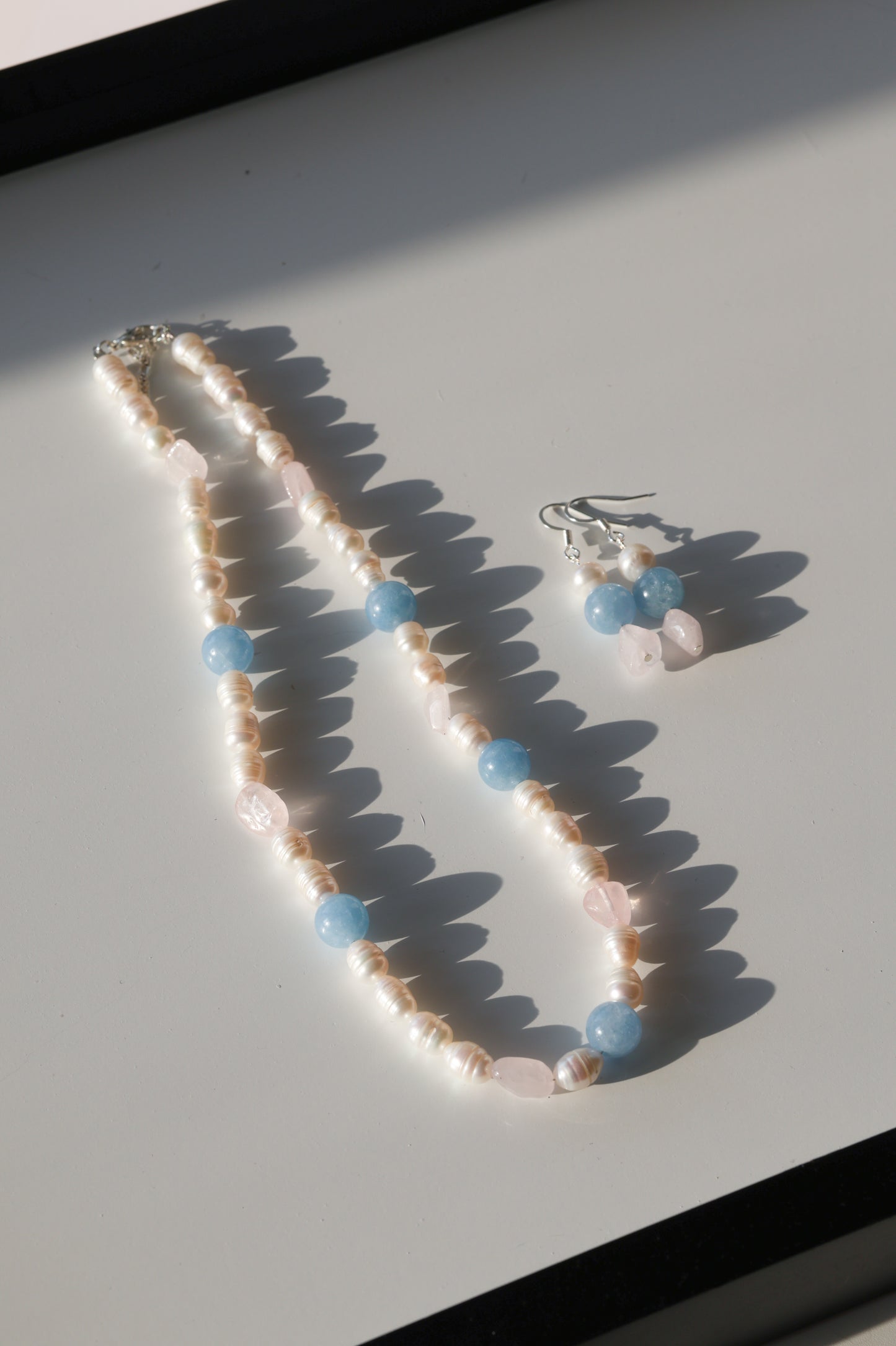 Earring: Aquamarine, Rose Quartz, Pearl