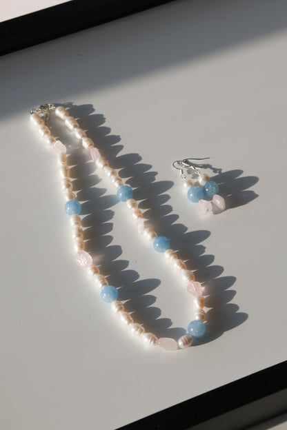 Earring: Aquamarine, Rose Quartz, Pearl