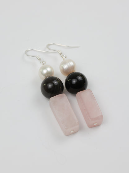 Soft Armer Earring: Rose Quartz, Black Obsidian, Pearl