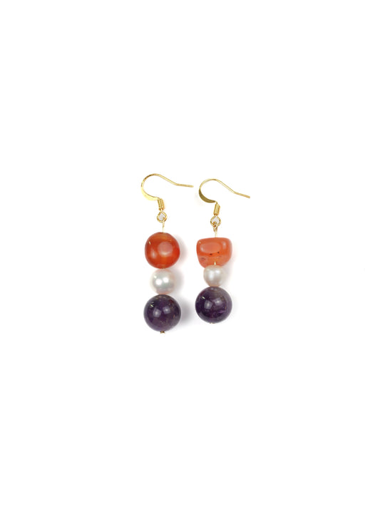 Step Forward Earring: Amethyst, Red Agate, Pearl