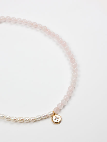 Rose Quartz/Pearl Pendant Necklace