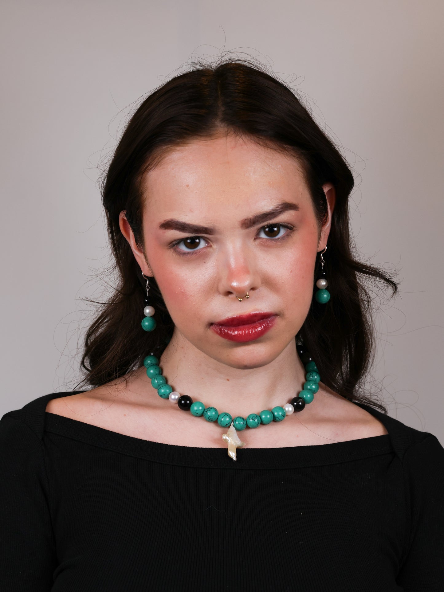 Earring: Turquoise, Black Obsidian, Pearl