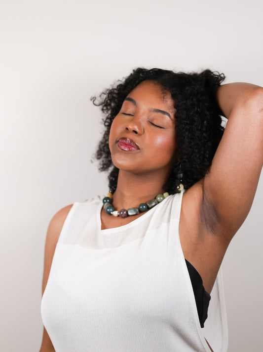Statement Necklace: Indian Agate, Labradorite, Citrine, Black Obsidian, Green Aventurine, Baroque Pearl