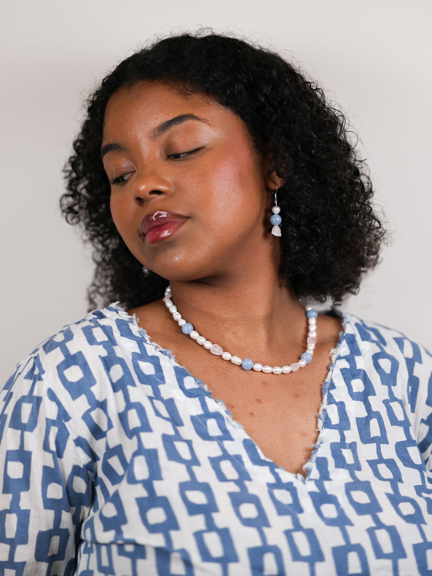 Earring: Aquamarine, Rose Quartz, Pearl