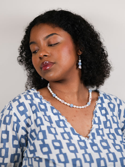 Earring: Aquamarine, Rose Quartz, Pearl