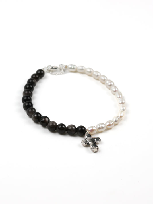 Men's Bracelet: Black Obsidian, Pearl