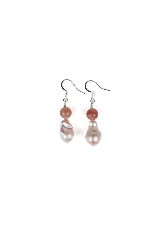 Earring: Rose Quartz, Baroque Pearl