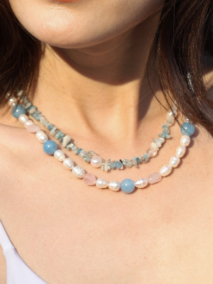 Necklace: Aquamarine, Clear Quartz, Pearl