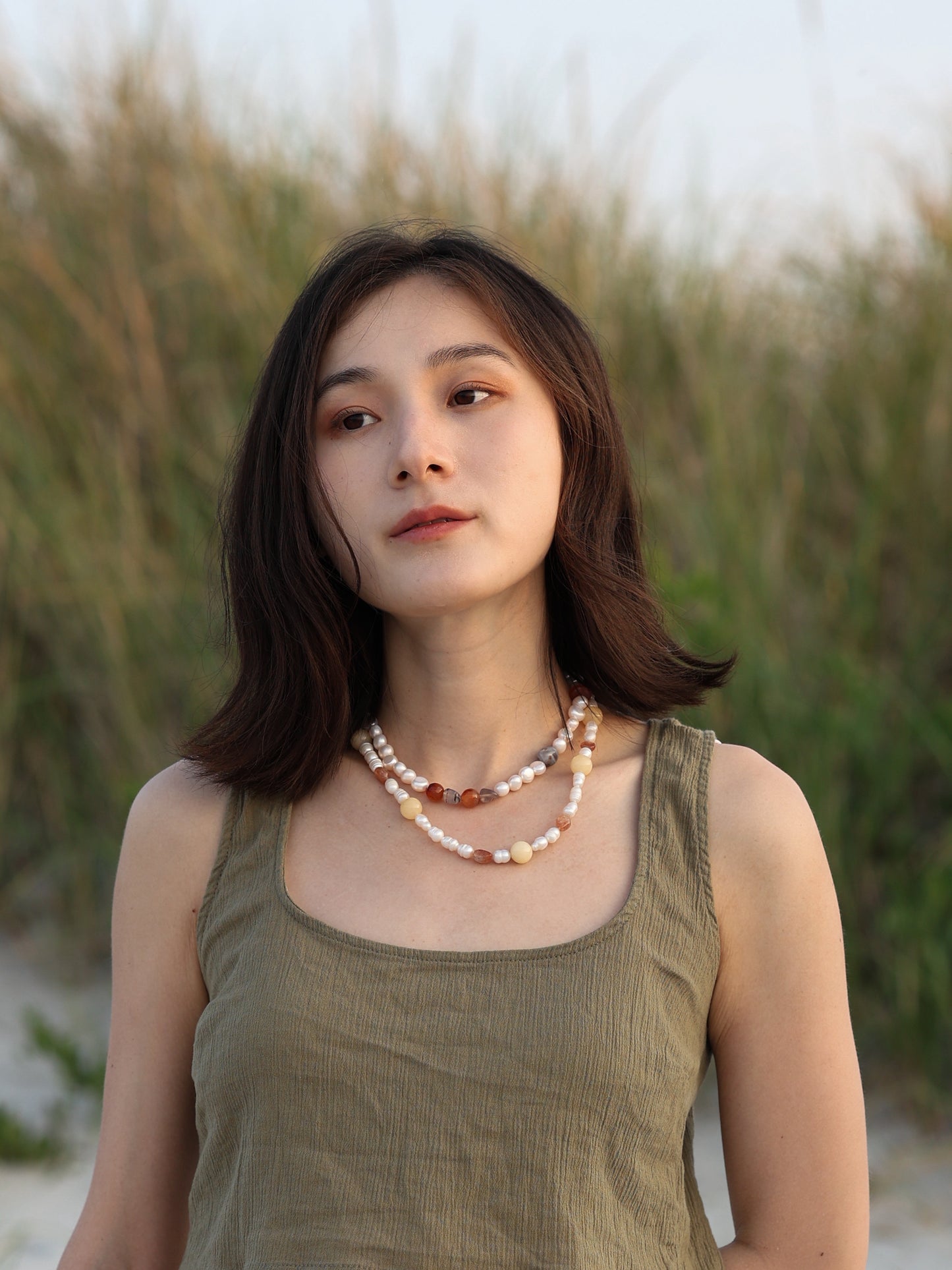 Necklace: Fire Agate, Botswana Agate, Pearl