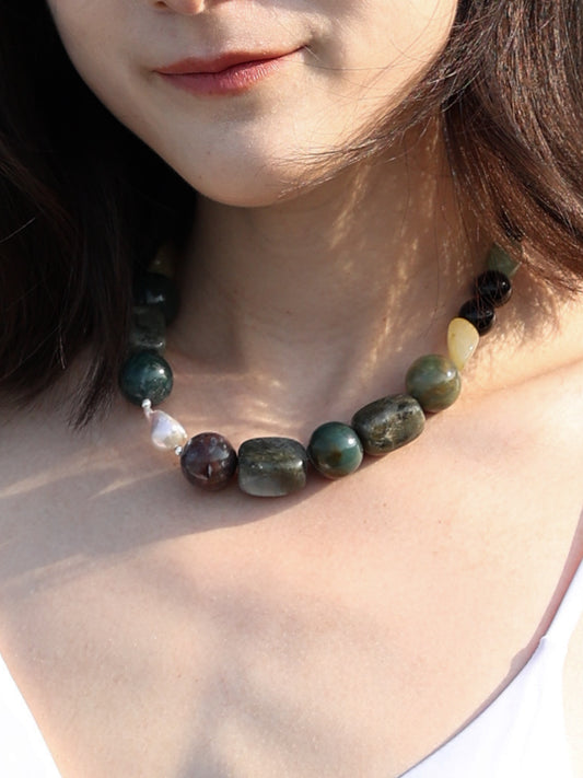 Statement Necklace: Indian Agate, Labradorite, Citrine, Black Obsidian, Green Aventurine, Baroque Pearl